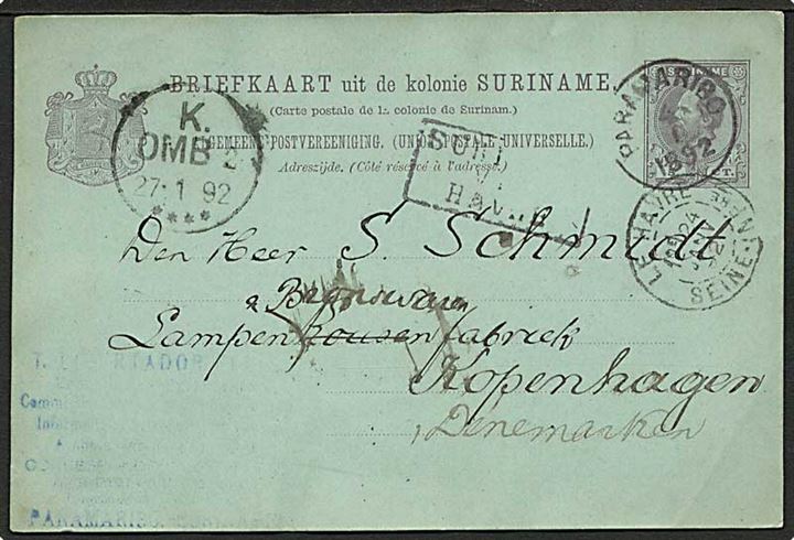 5 ct. helsagsbrevkort fra Paramaribo d. 4.1.1892 via Le Havre til København, Danmark. Rammestempel: Suriname via Havre.
