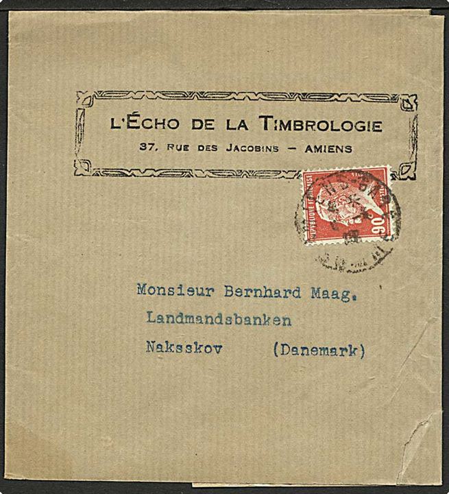 90 c. Pasteur single på korsbånd fra Amiens 1928 til Nakskov, Danmark.