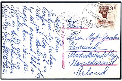 30 din. på brevkort fra Dramalj d. 29.8.1963 til Masnedsund, Danmark - fejlsendt til Island med transit stempel i Reykjavik d. 5.9.1963.