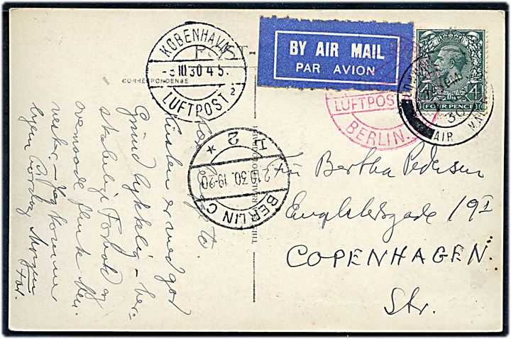 4d George V på luftpost brevkort fra London d. 1.10.1930 via Berlin til København, Danmark. 