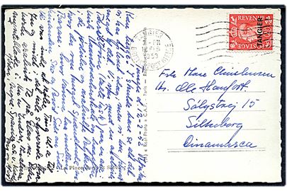 2½d Tangier George VI provisorium på brevkort (Gadeparti fra Tangier) annulleret Tangier British Post Office d. 12.2.1953 til Silkeborg, Danmark.