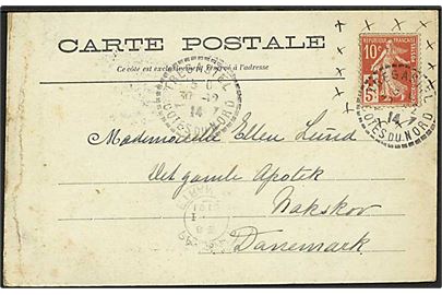 10+5 c. Røde Kors udg. på brevkort fra Tregastel d. 30.12.1914 til Nakskov, Danmark.