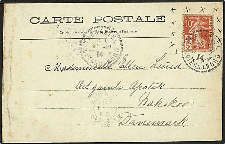 10+5 c. Røde Kors udg. på brevkort fra Tregastel d. 30.12.1914 til Nakskov, Danmark.