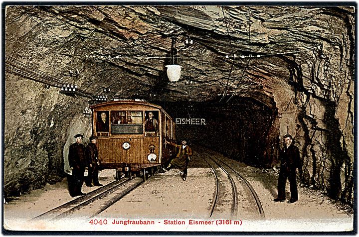 5 c. Tell Knabe på brevkort (Eismeer togstation på Jungfraubahn) annulleret med særstempel Eismeer 3161 M ü/M d. 15.9.1910 til København, Danmark.