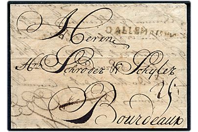 1743. Franco brev med indhold dateret København d. 9.3.1743 med liniestempel DALLEMAGNE til Bordeaux, Frankrig.