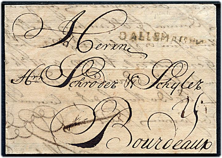 1743. Franco brev med indhold dateret København d. 9.3.1743 med liniestempel DALLEMAGNE til Bordeaux, Frankrig.