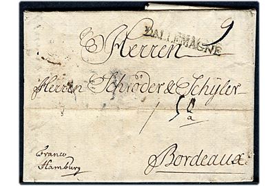 1745. Franco brev med indhold dateret København d. 9.3.1745 med liniestempel DALLEMAGNE til Bordeaux, Frankrig.