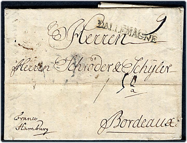 1745. Franco brev med indhold dateret København d. 9.3.1745 med liniestempel DALLEMAGNE til Bordeaux, Frankrig.