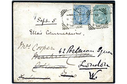 ½ Anna og 4 Anna (defekt) Victoria på brev fra Simla d. 6.9.1884 Collone, Irland - eftersendt til London. På bagsiden transit stemplet Sea Post Office D d. 10.9.1884 benyttet ombord på S/S Peshawur som afgik fra Bombay d. 10.9.1884 og ankom til Suez d. 22.9.1884.