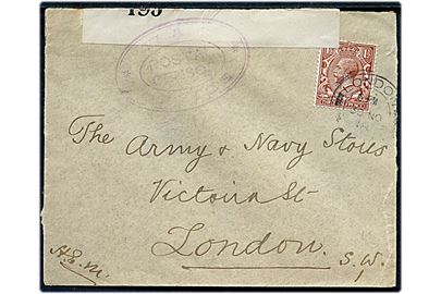 1½d George V på brev stemplet London d. 30.11.1918 til London. Åbnet af censur med banderole no. 105 stemplet WAR * OFFICE * / POSTAL CENSOR.