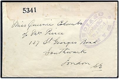 Ufrankeret kuvert med censur banderole no. 53641 og stempel * WAR * OFFICE / POSTAL CENSOR til London.