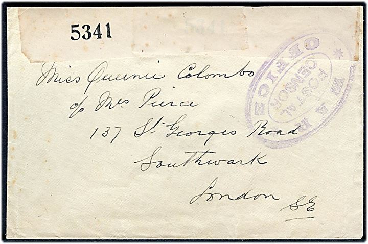 Ufrankeret kuvert med censur banderole no. 53641 og stempel * WAR * OFFICE / POSTAL CENSOR til London.