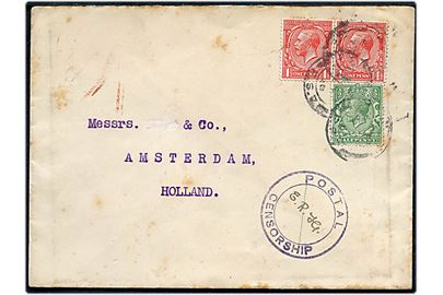 ½d og 1d (2) George V på brev fra Liverpool annulleret London F.S. 7 d. 5.4.1916 til Amsterdam, Holland. Violet stempel Postal Censorship med signatur E.R.H. og ank.stemplet i Amsterdam d. 6.4.1916.
