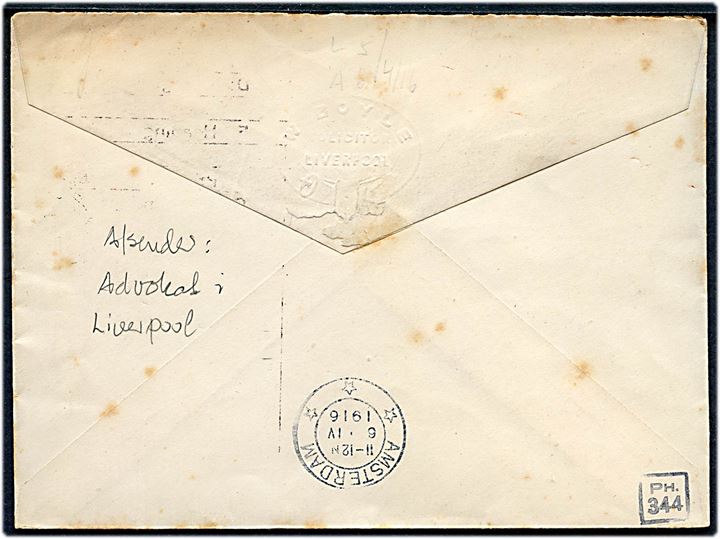 ½d og 1d (2) George V på brev fra Liverpool annulleret London F.S. 7 d. 5.4.1916 til Amsterdam, Holland. Violet stempel Postal Censorship med signatur E.R.H. og ank.stemplet i Amsterdam d. 6.4.1916.