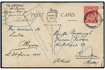 1d George V på billed postkort (Buckingham Palace, London) fra London d. 28.2.1918 til Ginneken, Holland. Returneret med rammestempel: Picture Post-cards are returned by the Censor.