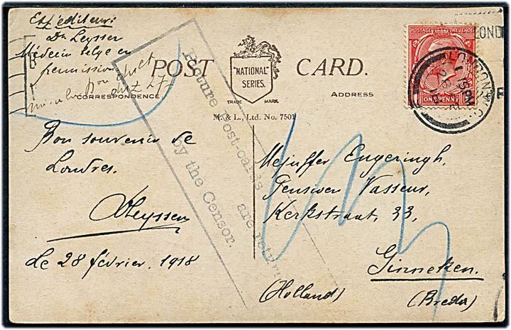 1d George V på billed postkort (Buckingham Palace, London) fra London d. 28.2.1918 til Ginneken, Holland. Returneret med rammestempel: Picture Post-cards are returned by the Censor.