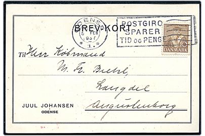 10 øre Tavsen med perfin JJ på brevkort fra firma Juul Johansen i Odense d. 5.2.1937 til Augustenborg.