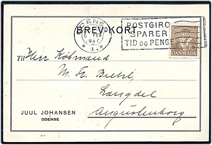 10 øre Tavsen med perfin JJ på brevkort fra firma Juul Johansen i Odense d. 5.2.1937 til Augustenborg.