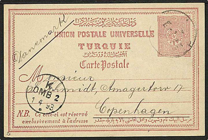 20 para helsagsbrevkort fra Aleppo d. 17.3.1893 til København, Danmark.