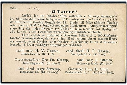 3 øre lokalt helsagsbrevkort annulleret med lapidar Kjøbenhavn K. d. 5.10.1894. På bagsiden fortrykt meddelelse 2 Løver vedr. ca. 50 unge Sønderjyder som ankommer til København.