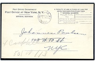 Ufrankeret lokalt postsags-brevkort i New York d. 10.3.1921. Svar på forespørgsel vedr. efterlyst postforsendelse fra Holte i Danmark.