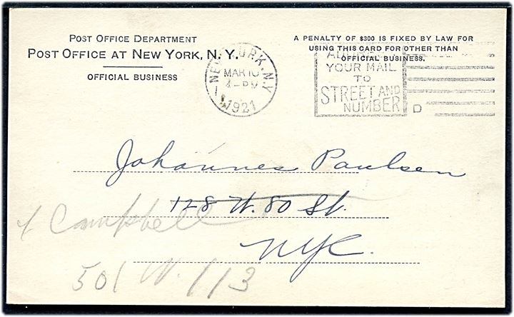 Ufrankeret lokalt postsags-brevkort i New York d. 10.3.1921. Svar på forespørgsel vedr. efterlyst postforsendelse fra Holte i Danmark.