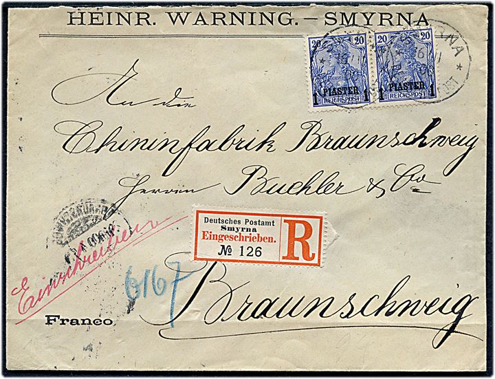 1 piaster 1/20 pfg. Germania i parstykke på anbefalet brev fra Smyrna Deutsche Post d. 16.11.1900 til Braunschweig, Tyskland.
