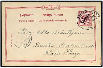 10 pfg. Kamerun Provisorium annulleret med skibsstempel Deutsche Seepost Linie Hamburg - Westafrika VI (= S/S Erna Woermann) d. 4.9.1900 til Dresden, Tyskland. Uden meddelelse på bagsiden.