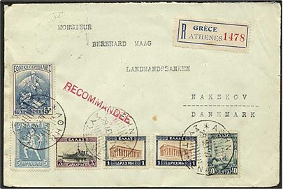 Blandingsfrankeret anbefalet brev fra Athen d. 29.12.1927 til Nakskov, Danmark.