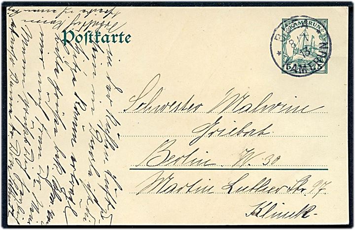5 pfg. Hohenzollern helsagsbrevkort stemplet Buea * Kamerun* d. 8.1.1913 til Berlin, Tyskland.