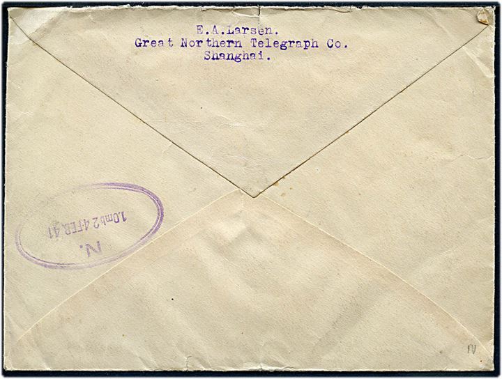 25 c. Sun Yatsen i lodret 4-stribe på anbefalet brev fra Shanghai d. 28.1.1941 til København, Danmark. Påskrevet via Sibiria og tysk passérstempel Ab fra Berlin. Ank.stemplet i København d. 24.2.1941.