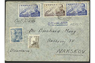 3,25 Pts. blandingsfrankeret anbefalet luftpostbrev fra Madrid d. 29.4.1948 til Nakskov, Danmark.