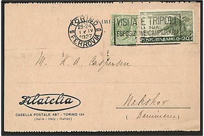 25 c. frankeret tryksags brevkort fra Torino d. 1.4.1927 til Nakskov, Danmark.