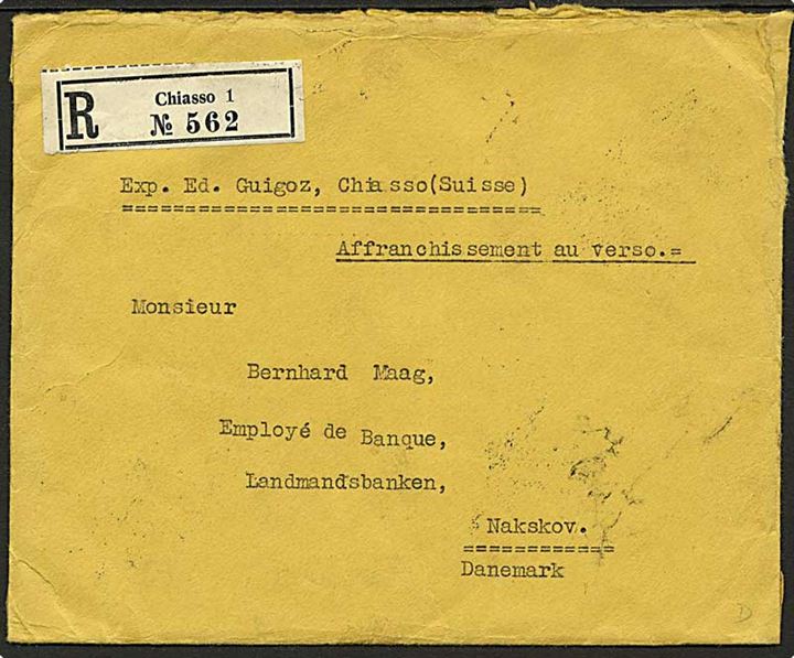 1 fr. blandingsfrankeret anbefalet brev fra Chiasso d. 6.9.1929 til Nakskov, Danmark.