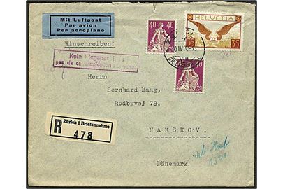 35 c. Luftpost og 40 c. Helvetia (2) på anbefalet luftpostbrev fra Zürich d. 10.4.1933 til Nakskov, Danmark. 2-sproget rammestempel: Kein Fluganschluss. 1 mærke med folder.