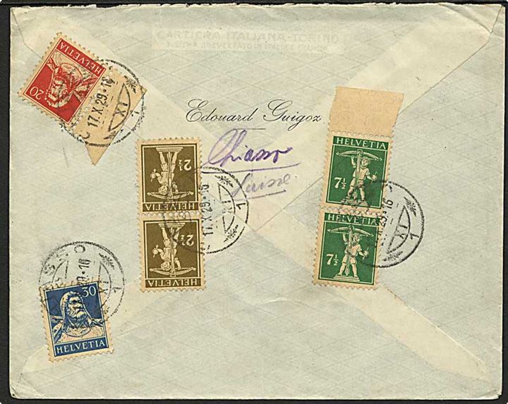 70 c. blandingsfrankeret anbefalet brev fra Chiasso d. 17.10.1929 til Nakskov, Danmark.