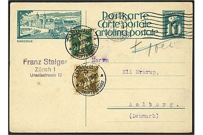10 c. illustreret helsagsbrevkort fra Zürich d. 18.2.1928 til Aalborg, Danmark. Underfrankeret og postalt opfrankeret med 10 c.
