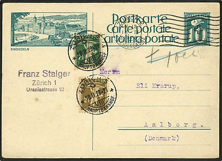 10 c. illustreret helsagsbrevkort fra Zürich d. 18.2.1928 til Aalborg, Danmark. Underfrankeret og postalt opfrankeret med 10 c.