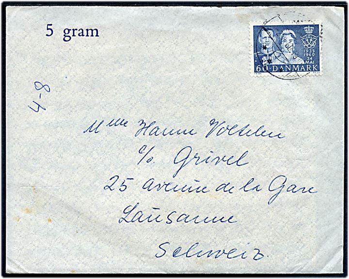 60 øre Fr. IX Sølvbryllup single på fortrykt 5 gram kuvert annulleret med svagt stempel d. 2.8.1960 til Lausanne, Schweiz.