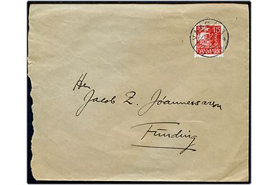 15 øre Karavel på brev annulleret med brotype IIc Vaag d. 3.1.1934 til Funding. Urent åbnet i venstre side.