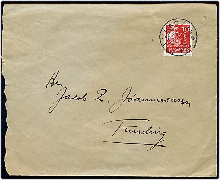 15 øre Karavel på brev annulleret med brotype IIc Vaag d. 3.1.1934 til Funding. Urent åbnet i venstre side.