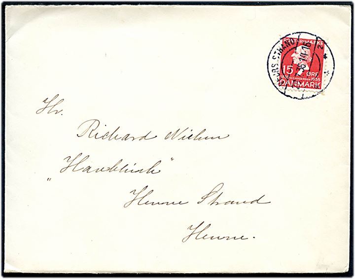15 øre H. C. Andersen på brev annulleret med brotype IIc Vejrs Strand sn2 d. 29.7.1936 til Henne Strand pr. Henne. Stempel benyttet ved sommerpostekspedition fra 1934