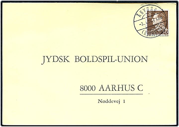 50 øre Fr. IX på brevkort annulleret med parentes stempel Åbybro (Birkelse) d. 3.1.1970 til Aarhus.