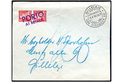 Ufrankeret brev stemplet Gilleleje d. 6.6.1968 med 60 øre Fr. IX i parstykke annulleret Porto at betale. Fold.