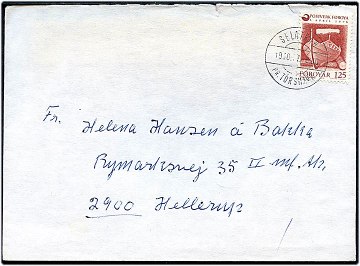 125 øre Selvstændigt Postvæsen på brev annulleret med pr.stempel Selatrad pr. Tórshavn d. 19.10.1977 til Hellerup. Bagklap mgl.
