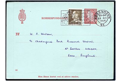 50 øre Fr. IX helsags korrespondancekort (fabr. 115) opfrankeret med 40 øre Fr. IX fra København d. 23.8.1965 til England.