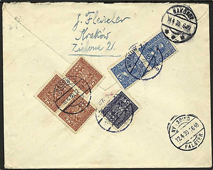 110 gr. blandingsfrankeret anbefalet brev fra Krakow d. 10.4.1930 til Nakskov, Danmark.