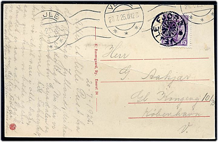 15 øre Chr. X på brevkort annulleret med stjernestempel VEJLE FJORD og sidestemplet Vejle d. 20.7.1925 til København.