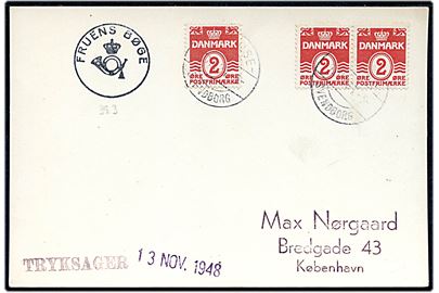2 øre Bølgelinie (3) på filatelistisk tryksag annulleret med bureaustempel Odense - Svendborg T.5 d. 12.11.1948 til København. 