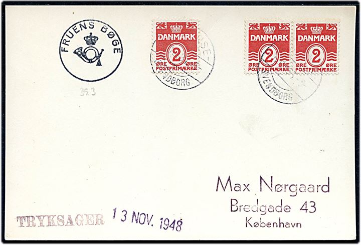 2 øre Bølgelinie (3) på filatelistisk tryksag annulleret med bureaustempel Odense - Svendborg T.5 d. 12.11.1948 til København. 